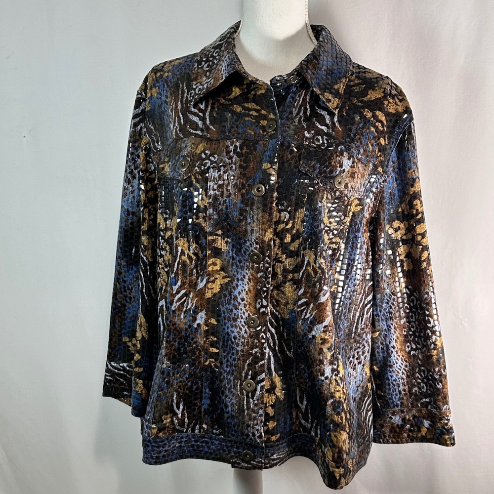 Ruby Rd Woman Animal Print Metallic Textured Button Front Jacket‎ Blue Brown 18W